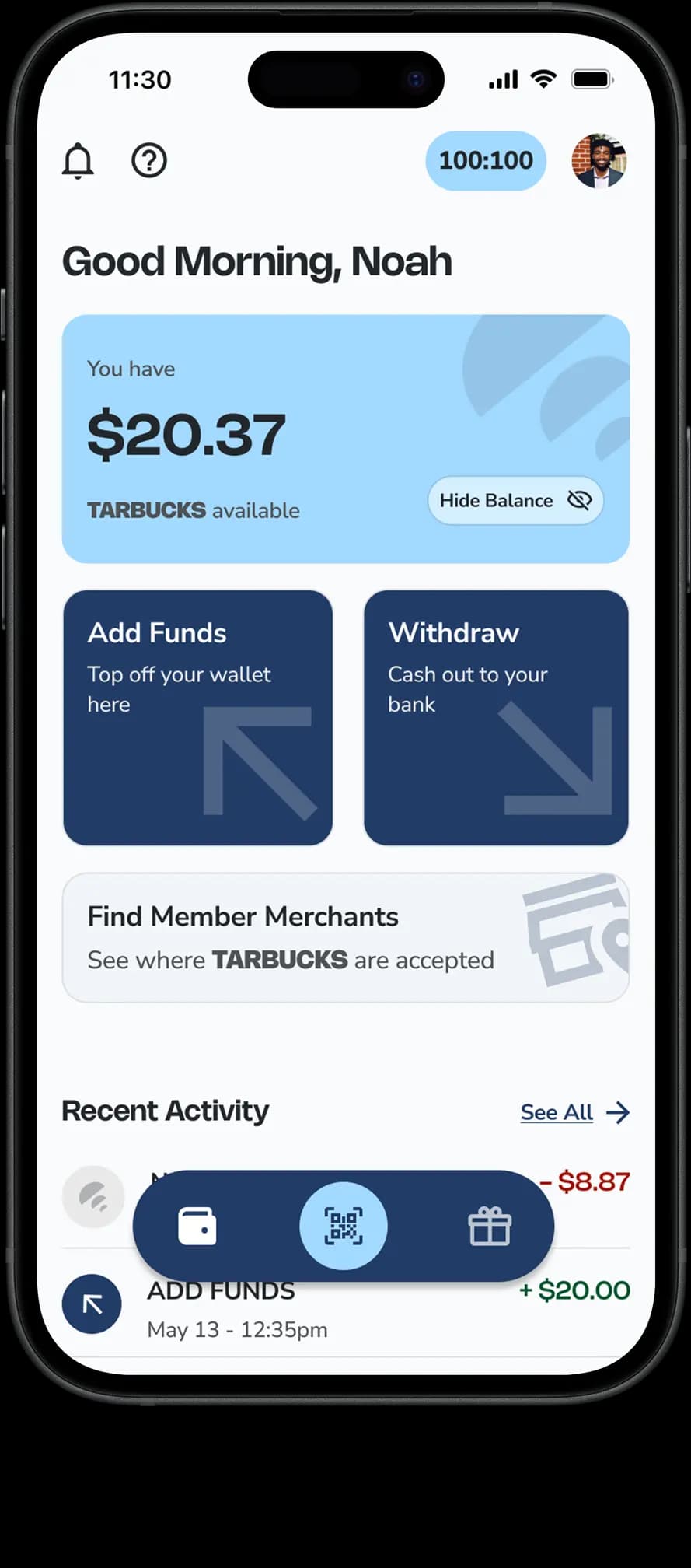 NeoPay wallet screen featuring the color scheme for Tarbucks, the Chapel Hill community